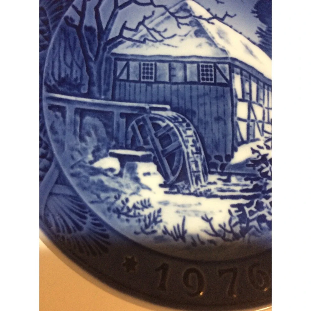 B & G Copenhagen Denmark 1976 Blue White Christmas Collector Plate Water Mill